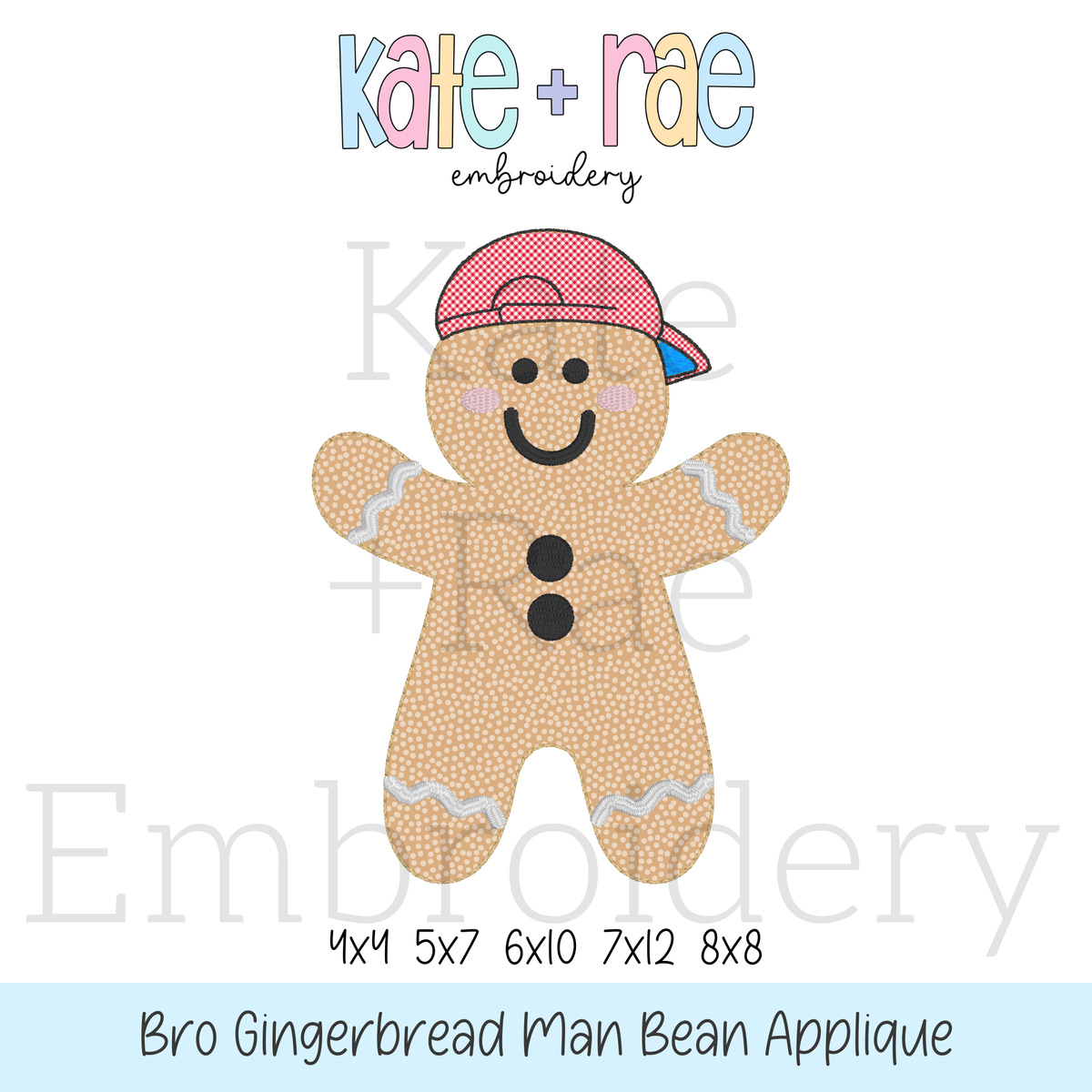 Boy's Gingerbread Man Bean Stitch Applique Embroidery Design: Design preview of a tan bean stitch applique gingerbread man wearing a pink cap, available in 4x4, 5x7, 6x10, 7x12, and 8x8
