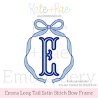 Emma Long Tail Monogram Bow Satin Stitch with Bean Outline Embroidery Design: Design preview of an Emma bow frame with outline around a navy letter E, font not included