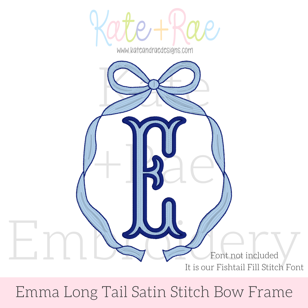 Emma Long Tail Monogram Bow Satin Stitch with Bean Outline Embroidery Design: Design preview of an Emma bow frame with outline around a navy letter E, font not included