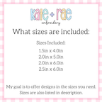 Rectangle Bean Stitch Applique Patch Embroidery Design for Hats & Beanies: Size chart showing patch sizes from 1.5 by 4 inches to 2.5 by 6 inches