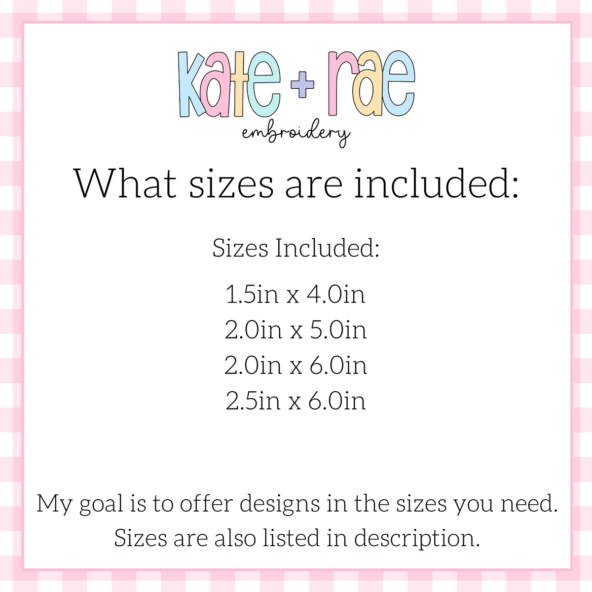 Rectangle Bean Stitch Applique Patch Embroidery Design for Hats & Beanies: Size chart showing patch sizes from 1.5 by 4 inches to 2.5 by 6 inches