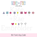 Friendship Embroidery Font: BX key code chart showing which keys type each decorative bead shape in the Friendship font