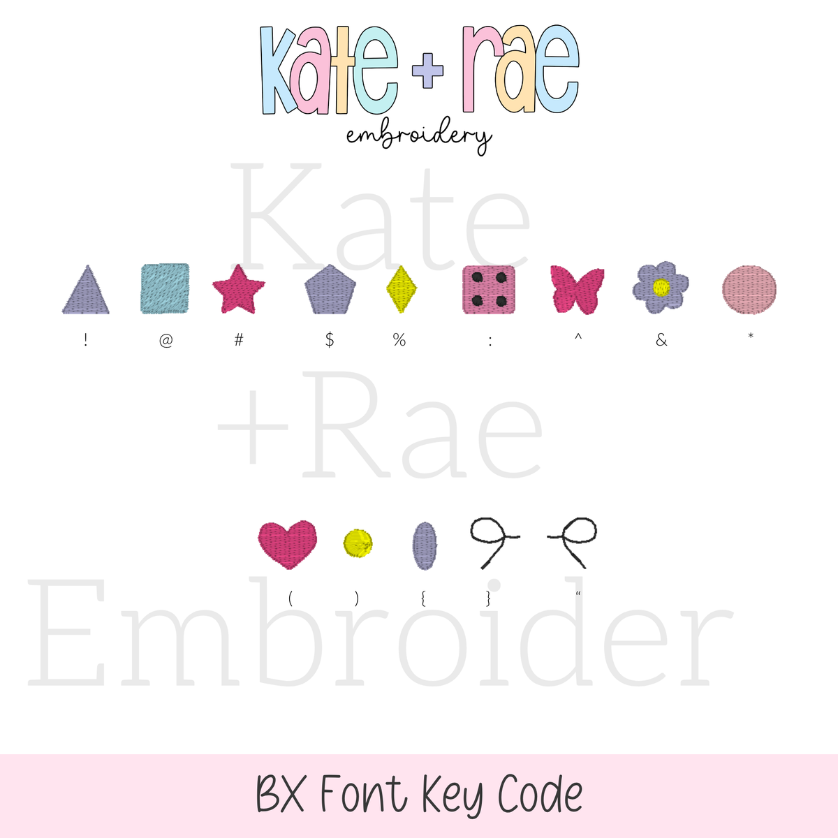 Friendship Embroidery Font: BX key code chart showing which keys type each decorative bead shape in the Friendship font