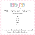 Wildcats Script Satin Stitch Applique Embroidery Design: Size chart showing the included sizes 5x7, 6x10, 7x12, 8x8, and 8x13