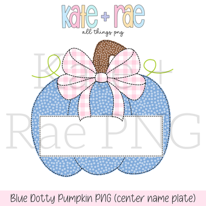 Blue Dotty Pumpkin Faux Applique PNG with Center Name Plate