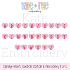 Candy Heart Sketch Stitch Embroidery Font: Alphabet A to Z in pink sketch stitch candy hearts