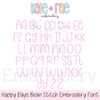 Happy Days Bean Stitch Embroidery Font: Upper and lowercase alphabet preview in pink bean stitch letters