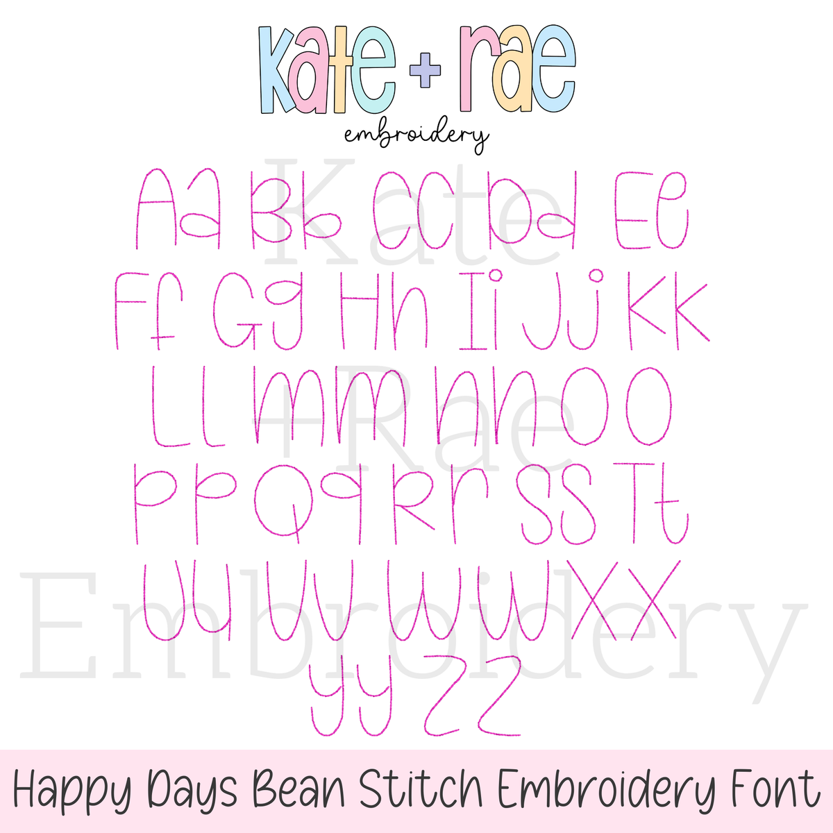 Happy Days Bean Stitch Embroidery Font: Upper and lowercase alphabet preview in pink bean stitch letters