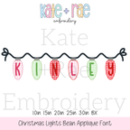 Christmas Lights Bean Stitch Applique Embroidery Font: Font preview of Christmas light bulbs spelling KINLEY on a black strand, available in 1 to 3 inch sizes plus BX