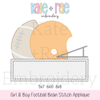 Football Bean Stitch Applique Embroidery Design with Name Plate: Design preview of a football and orange helmet above an empty name plate, available in 5x7, 6x10, and 8x8
