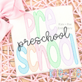 The words Pre School in pastel sketch stitch letters with preschool in black script on a white shirt