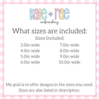 Flowy Bow Cross Stitch Embroidery Design: Size chart showing sizes 3.0in to 10.0in wide