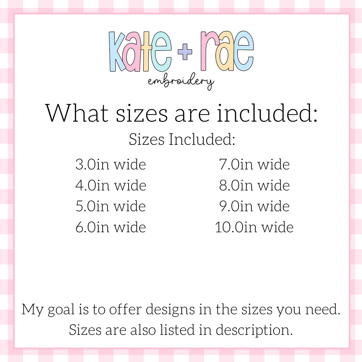 Flowy Bow Cross Stitch Embroidery Design: Size chart showing sizes 3.0in to 10.0in wide