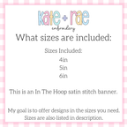 Bunny Easter Basket Tag Satin Stitch Applique Embroidery Design: Size chart showing in the hoop satin stitch sizes 4in, 5in, and 6in