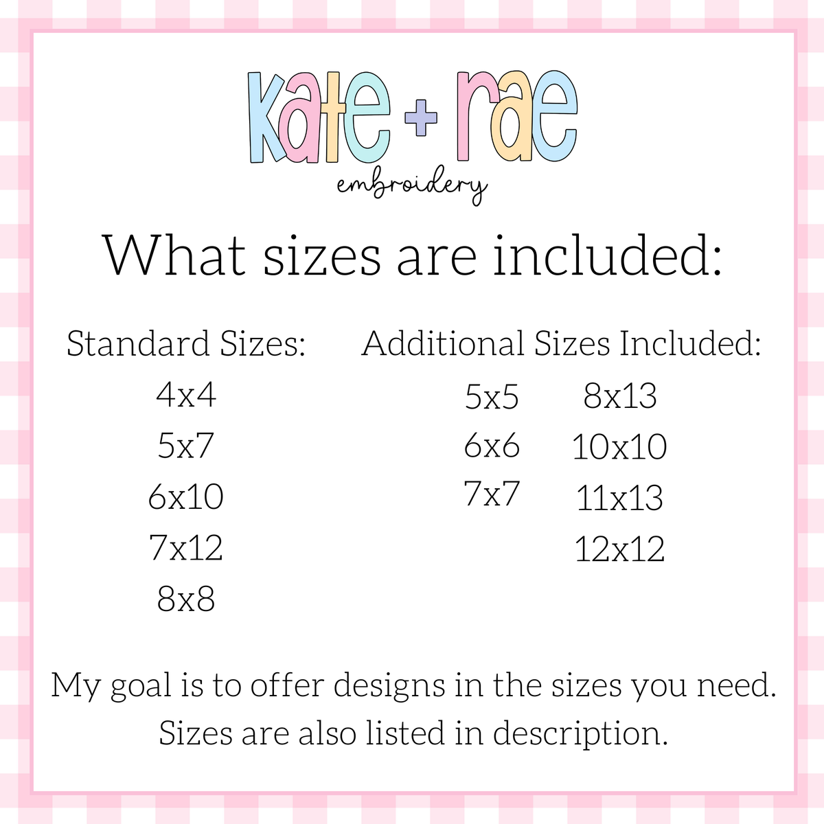 Sadie Bow Satin Stitch Applique Embroidery Design: Size chart showing standard sizes 4x4 to 8x8 plus additional sizes 5x5 to 12x12