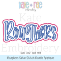 Roughers Satin Stitch Double Applique Embroidery Design: Design preview of the word Roughers in blue script with a white and pink satin double outline, available in 6x10, 7x12, 8x8, and 9x9