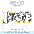 Hornets Satin Stitch Double Applique Embroidery Design: Design preview of the word Hornets in gray script with a white and yellow satin double outline, available in 6x10, 7x12, 8x8, and 9x9