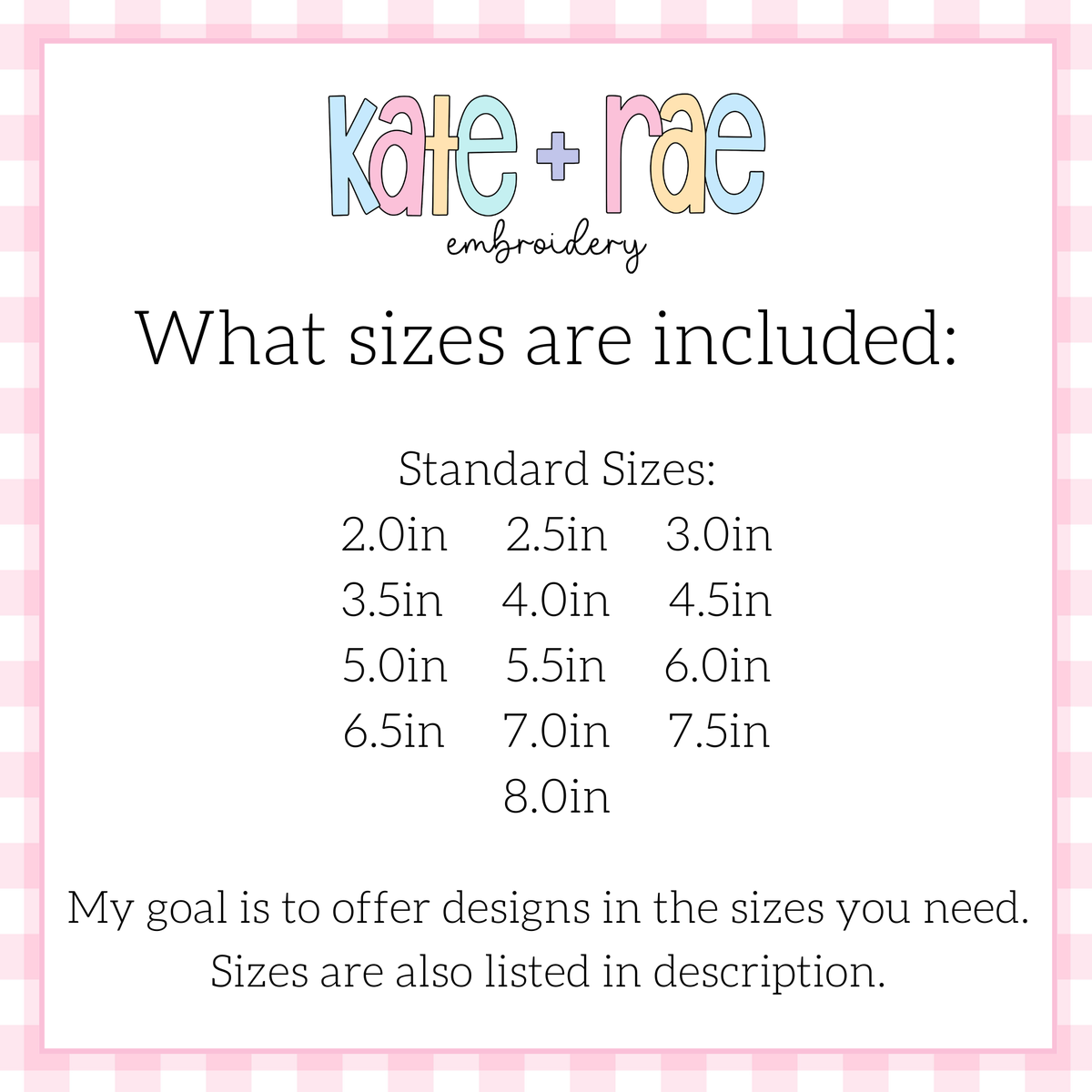 Flowy Bow Satin Stitch Embroidery Design: Size chart showing 2 to 8 inch sizes included in half inch steps