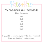 Airplane Sketch Stitch Embroidery Design: Size chart showing the included sizes 4x4, 5x5, 5x7, 6x6, 7x7, and 8x8