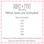 1st Birthday Smash Cake Satin Stitch Applique Embroidery Design: Size chart showing the included sizes 4x4, 5x5, 5x7, 6x6, 7x7, and 8x8