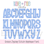 Gracie Zigzag Stitch Applique Embroidery Font: Uppercase alphabet preview of the Gracie zigzag stitch applique font in blue