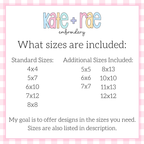 Merritt Bow Satin Stitch Applique Embroidery Design: Size chart showing standard sizes 4x4 to 8x8 plus additional sizes 5x5 to 12x12