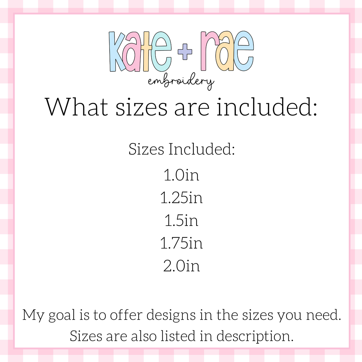 Easter Bunny Ears and Tail Font Add On Fill Stitch Embroidery Design: Size chart showing sizes 1.0in, 1.25in, 1.5in, 1.75in, and 2.0in