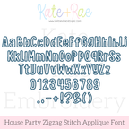 House Party Zigzag Applique Machine Embroidery Font: Uppercase, lowercase, numbers, and punctuation preview in the House Party applique font