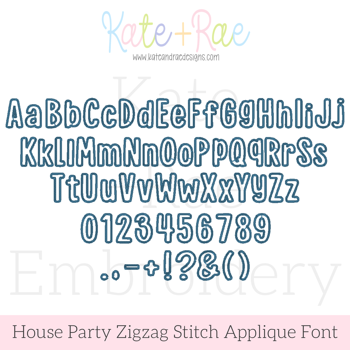 House Party Zigzag Applique Machine Embroidery Font: Uppercase, lowercase, numbers, and punctuation preview in the House Party applique font