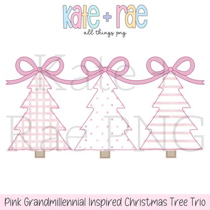 Pink Grandmillennial Inspired Christmas Tree Trio PNG