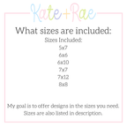 Flowy Longtail Bow Satin Stitch Applique Embroidery Design: Size chart showing the included sizes 5x7, 6x6, 6x10, 7x7, 7x12, and 8x8