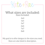 Valentine's Day Heart Frame with Sketch Stitch Bow Embroidery Design: Size chart showing the included sizes 4x4, 5x5, 5x7, 6x6, 7x7, and 8x8