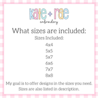 Split Crayon Sketch Stitch Embroidery Design: Size chart showing the included sizes 4x4, 5x5, 5x7, 6x6, 7x7, and 8x8