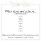 Addie Bow Satin Stitch Applique Embroidery Design: Size chart showing sizes 3.0in to 6.0in in half inch steps