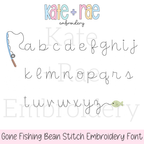Gone Fishing Bean Stitch Embroidery Font: Lowercase alphabet preview of the gone fishing bean stitch script font with a pole and fish