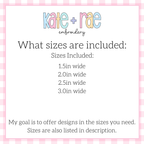 Rainbow Mini Fill Embroidery Design: Size chart showing sizes 1.5in, 2.0in, 2.5in, and 3.0in wide