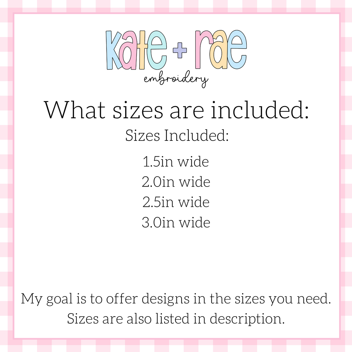 Rainbow Mini Fill Embroidery Design: Size chart showing sizes 1.5in, 2.0in, 2.5in, and 3.0in wide