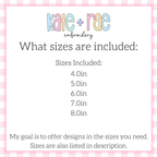 Scalloped Square ITH Banner Satin Stitch Applique Embroidery Design: Size chart showing sizes 4.0in, 5.0in, 6.0in, 7.0in, and 8.0in