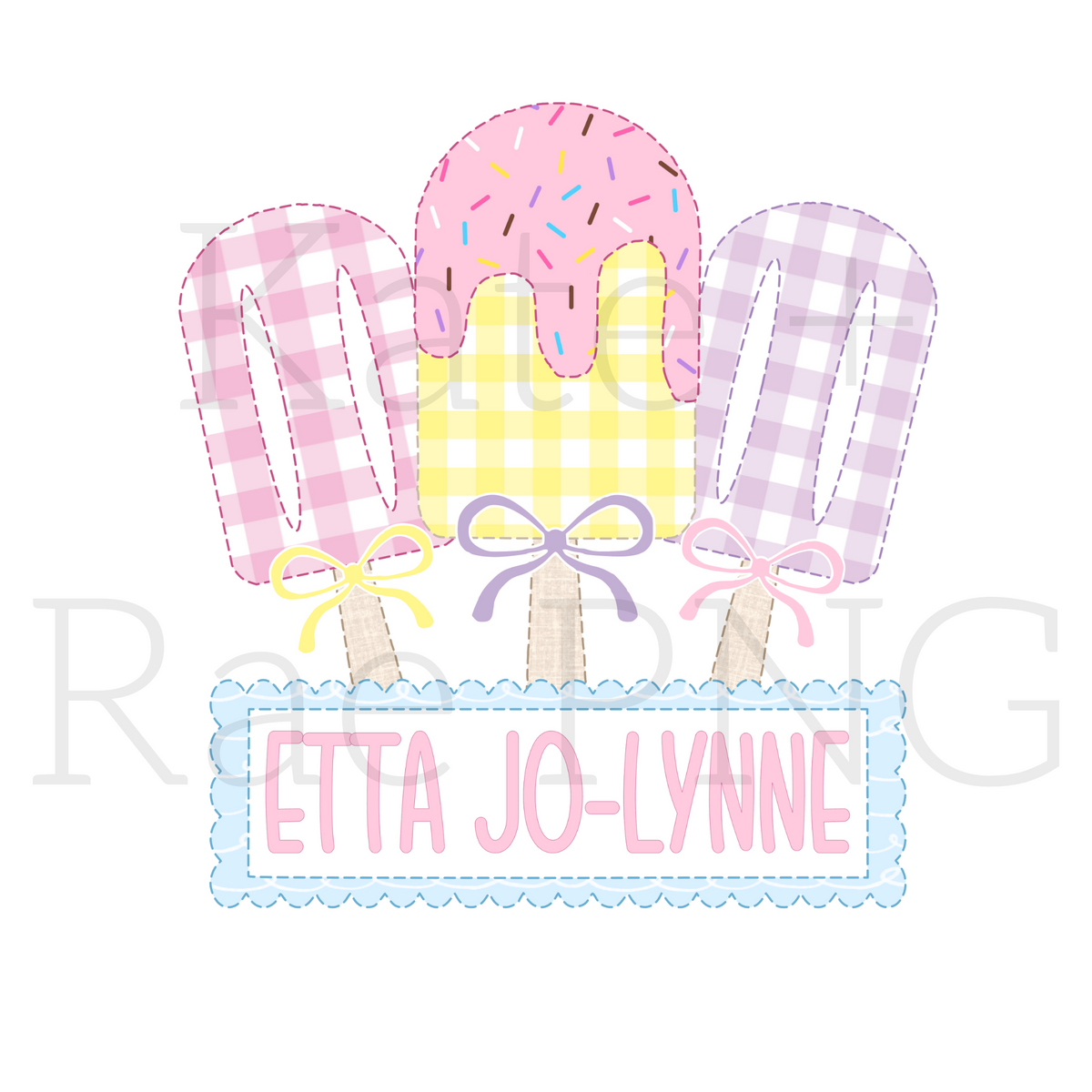 Custom Names for Popsicle - Brooke Hamlett: Three gingham popsicles with bows above the name Etta Jo-Lynne in a scalloped name plate