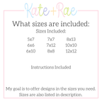 Birth/ Birthday Double Satin Stitch Applique Banner In The Hoop Embroidery Design: Size chart showing sizes 5x7 through 12x12 with instructions included