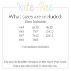 Birth/ Birthday Bean Stitch Applique Banner In The Hoop Embroidery Design: Size chart showing sizes 4x4 through 12x12 with instructions included