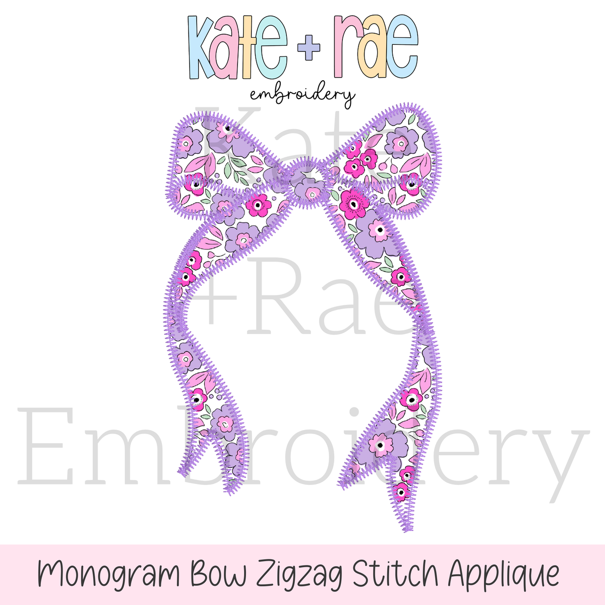 Longtail Bow Zigzag Stitch Applique Embroidery Design: Design preview of a purple floral longtail bow zigzag stitch applique