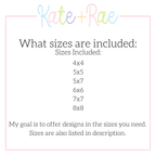Large Puppy Dog Cross Stitch Embroidery Design: Size chart showing the included sizes 4x4, 5x5, 5x7, 6x6, 7x7, and 8x8