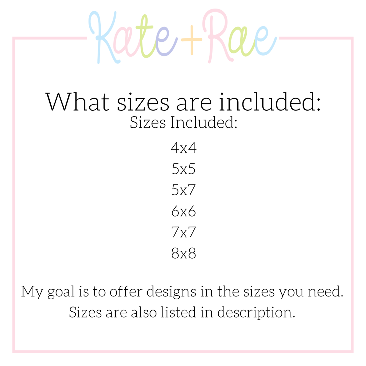 Large Puppy Dog Cross Stitch Embroidery Design: Size chart showing the included sizes 4x4, 5x5, 5x7, 6x6, 7x7, and 8x8