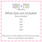 Girls Spooky Season Sketch Stitch Embroidery Design: Size chart showing the included sizes 5x5, 5x7, 6x6, 7x7, and 8x8