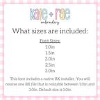 Delilah Outline Satin Stitch Embroidery Font: Font size chart showing sizes 1.0in to 3.0in with a native BX file resizable from 1.0in to 3.0in