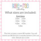 Gracie Bean Stitch Applique Embroidery Font: Font size chart showing sizes 2.0in to 5.0in with a native BX file resizable from 2.0in to 5.0in