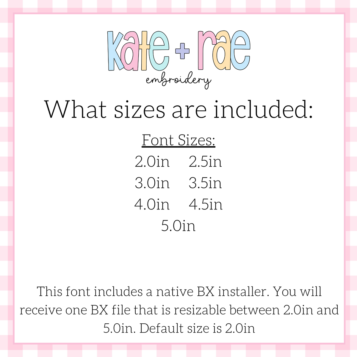 Gracie Bean Stitch Applique Embroidery Font: Font size chart showing sizes 2.0in to 5.0in with a native BX file resizable from 2.0in to 5.0in