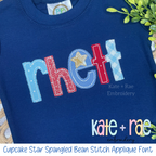 Cupcake Star Spangled Bean Stitch Applique Font: The name rhett in red and blue patterned applique letters with a gold star on a navy shirt