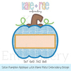Boy's Pumpkin Satin Applique Embroidery Design: Design preview of a blue pumpkin satin applique with an empty name plate, available in 5x7, 6x10, 7x12, and 8x8